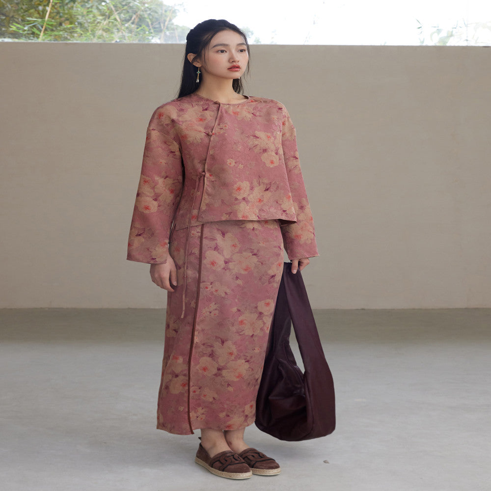 Hua Luo Di Hong Yun Sha 100 Mulberry Silk New Chinese style Slant Front Coat Improved Cheongsam Skirt image 19