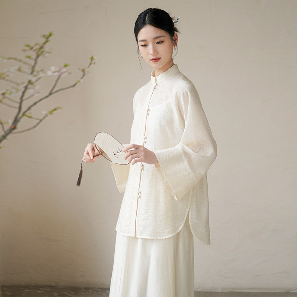 Chuchan Tang style Chinese style women s clothing new autumn new Chinese style buckle Zen tea suit shirt top half skirt set image 6