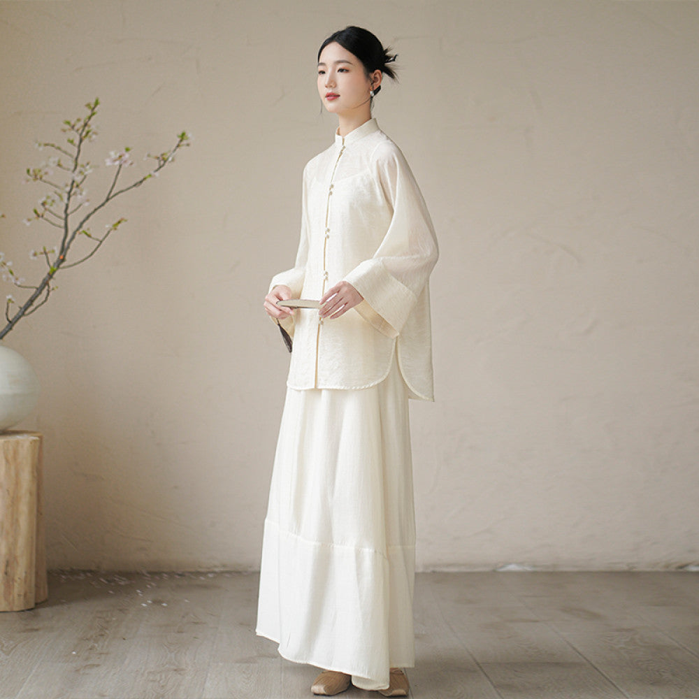 Chuchan Tang style Chinese style women s clothing new autumn new Chinese style buckle Zen tea suit shirt top half skirt set image 26