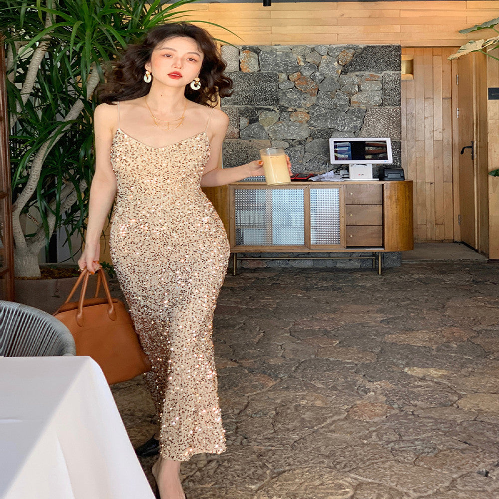 Jiuwu homemade retro sexy red velvet sequined skirt V neck high waist slim hip strap A line mid length skirt for women image 9