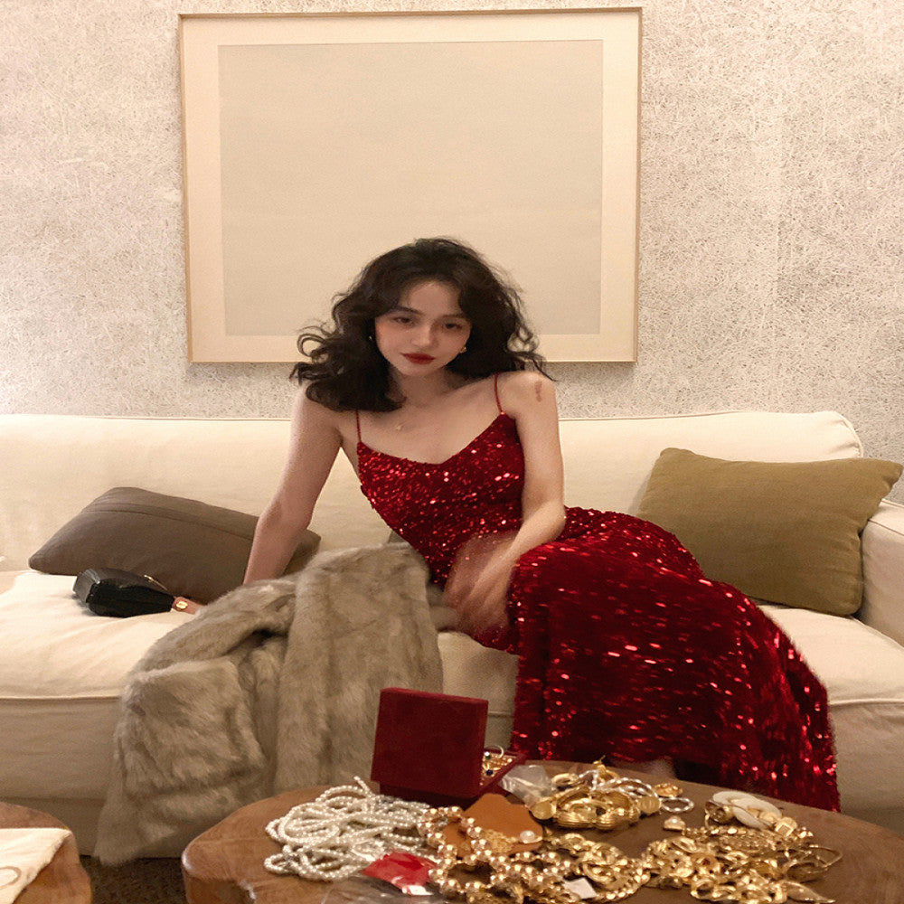 Jiuwu homemade retro sexy red velvet sequined skirt V neck high waist slim hip strap A line mid length skirt for women image 15