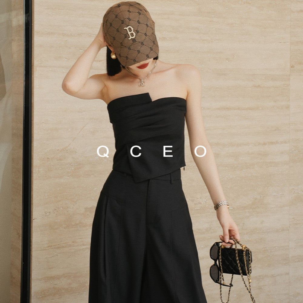 QCEO du Home Design Fashionable High end Irregular Outerwear strapless slim fit elastic niche top for women in spring and summer image 14