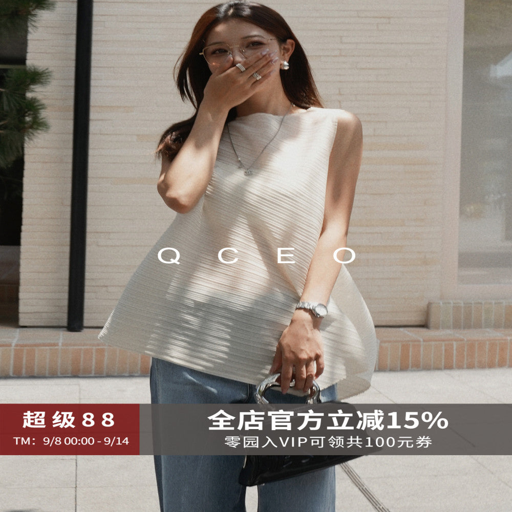 QCEO Advanced Sleeveless Horizontal Stripe Texture Three House Round Neck Thin Top Irregular 3D T shirt Vest Women s Summer image 1