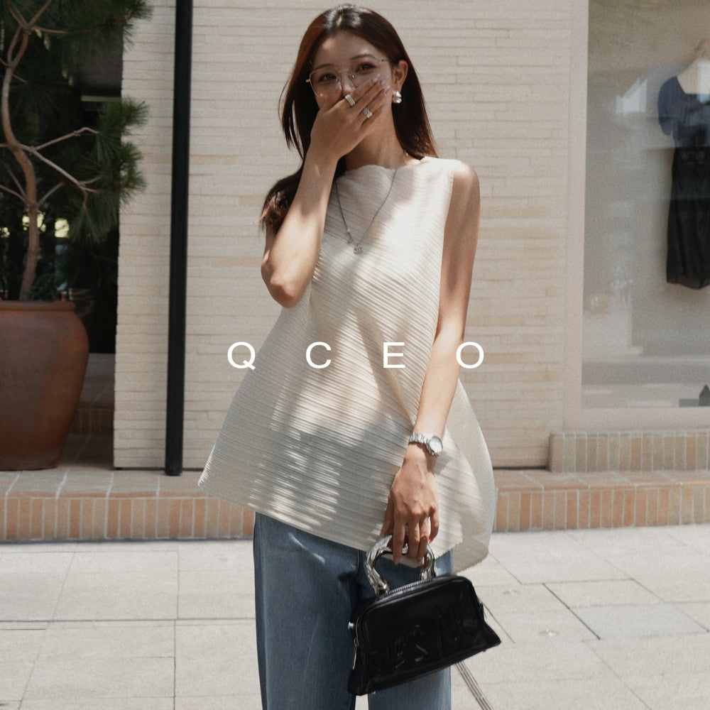 QCEO Advanced Sleeveless Horizontal Stripe Texture Three House Round Neck Thin Top Irregular 3D T shirt Vest Women s Summer image 9