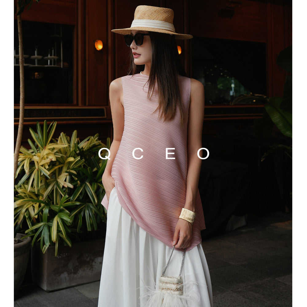 QCEO Advanced Sleeveless Horizontal Stripe Texture Three House Round Neck Thin Top Irregular 3D T shirt Vest Women s Summer image 12