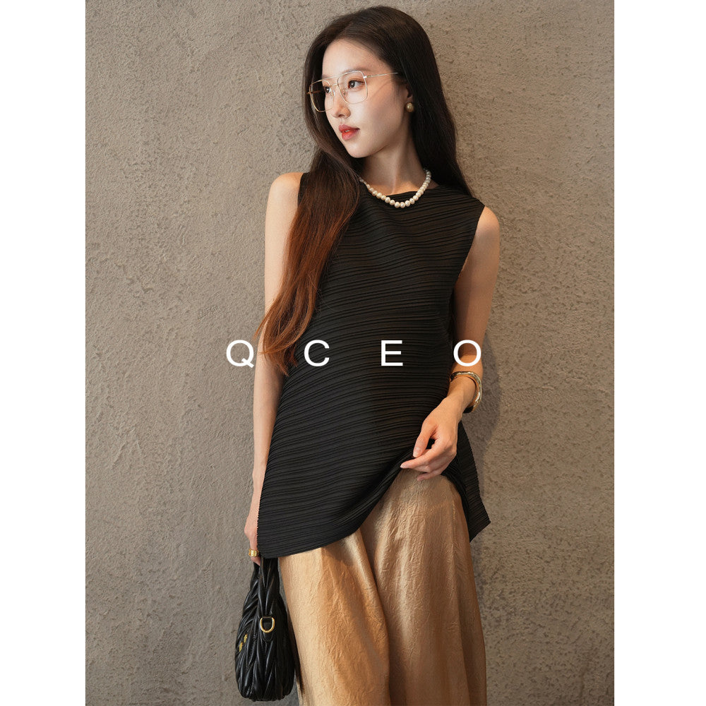 QCEO Advanced Sleeveless Horizontal Stripe Texture Three House Round Neck Thin Top Irregular 3D T shirt Vest Women s Summer image 16