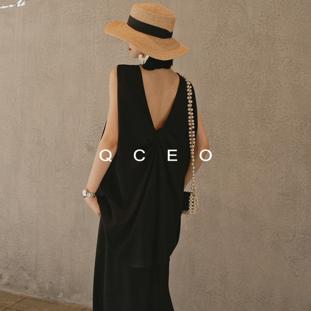 QCEO Tri color Du Home Design Fashionable and High End Wide Truffle Back Twisted Sleeveless Top Medium to Long Women s Spring Summer image 12