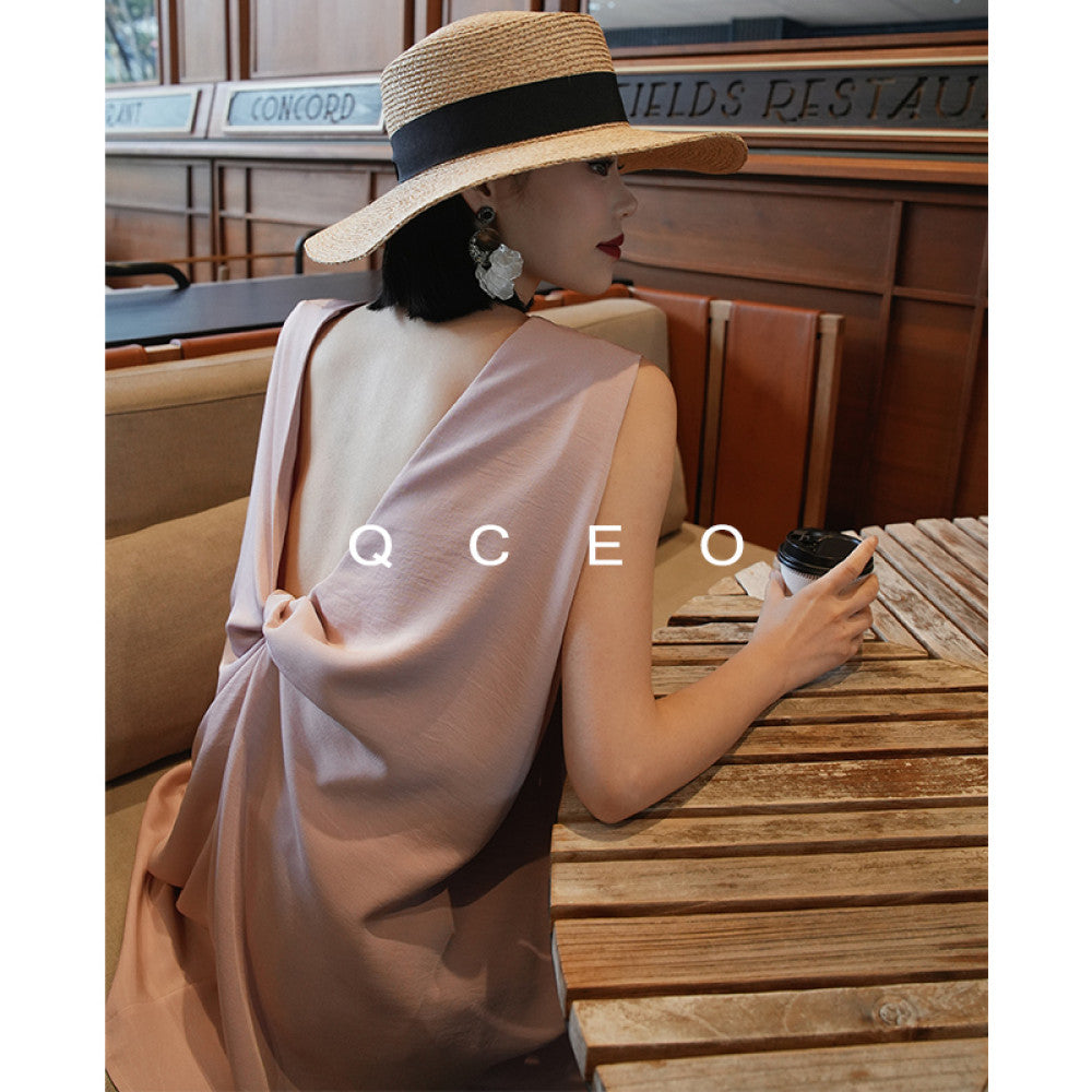 QCEO Tri color Du Home Design Fashionable and High End Wide Truffle Back Twisted Sleeveless Top Medium to Long Women s Spring Summer image 19