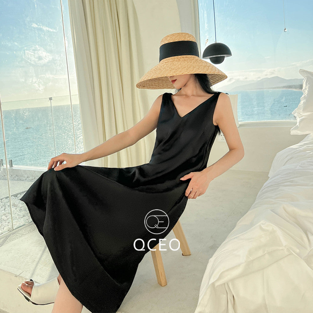 goods in stock QCEO loose slimming over knee skirt satin temperament V neck vest dress with slit mid length for spring and summer image 9