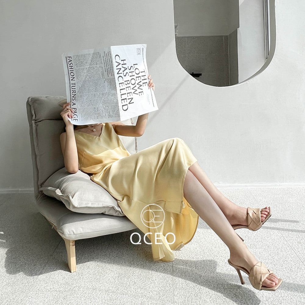 goods in stock QCEO loose slimming over knee skirt satin temperament V neck vest dress with slit mid length for spring and summer image 11