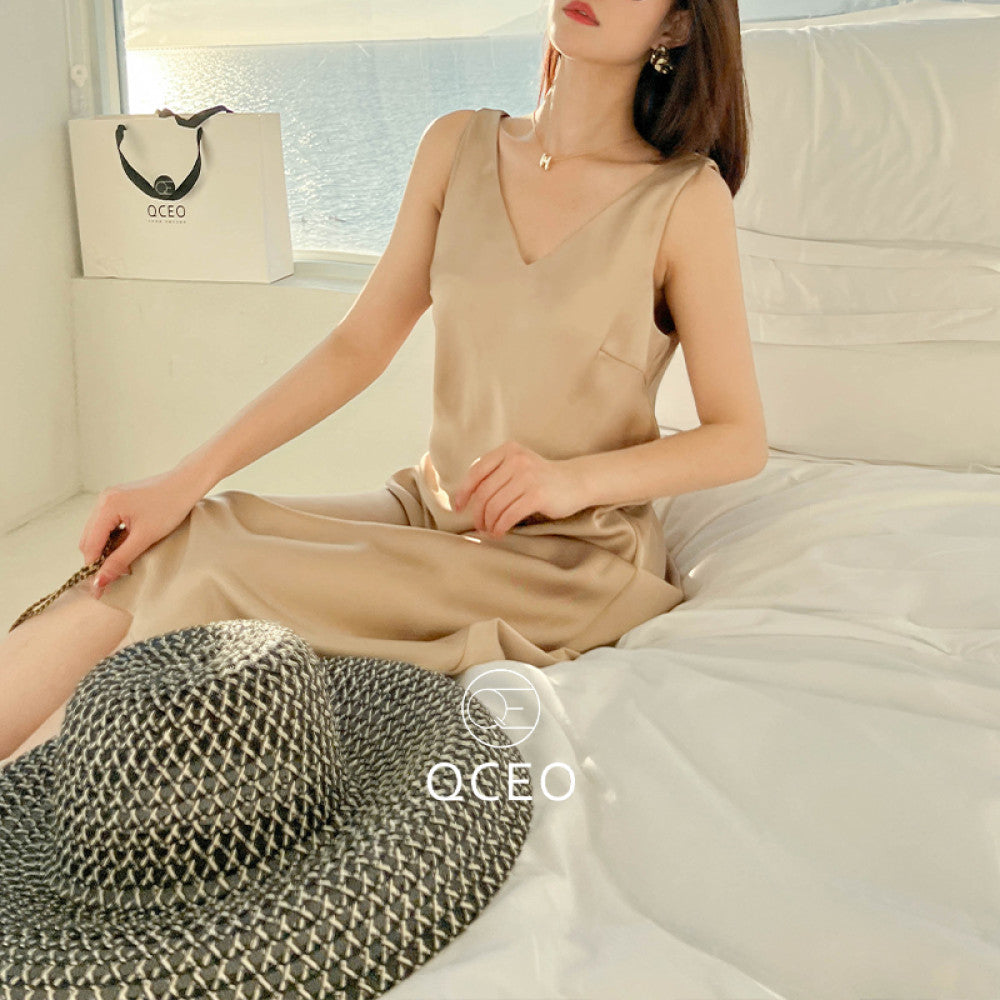 goods in stock QCEO loose slimming over knee skirt satin temperament V neck vest dress with slit mid length for spring and summer image 17