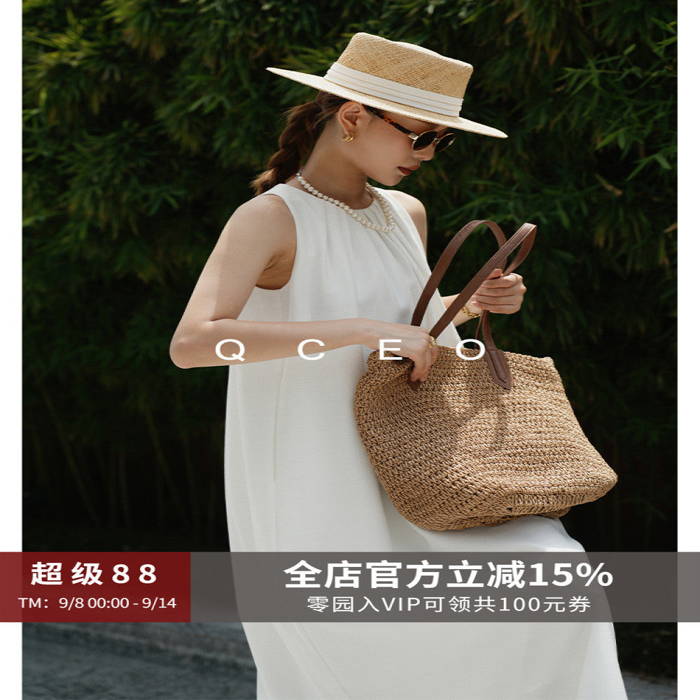 QCEO High quality texture Textured acetate sleeveless halter dress with lace up loose skirt simple long skirt summer image 0