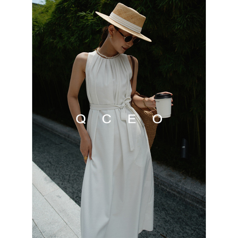 QCEO High quality texture Textured acetate sleeveless halter dress with lace up loose skirt simple long skirt summer image 6