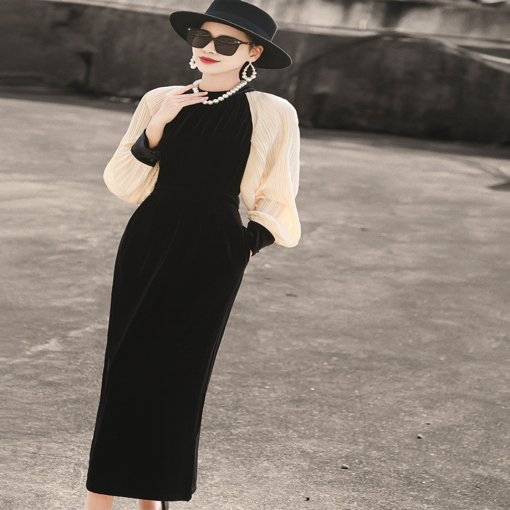 Lanser 2025 autumn new style elegant long sleeved pleated splicing waist slimming black velvet dress image 2