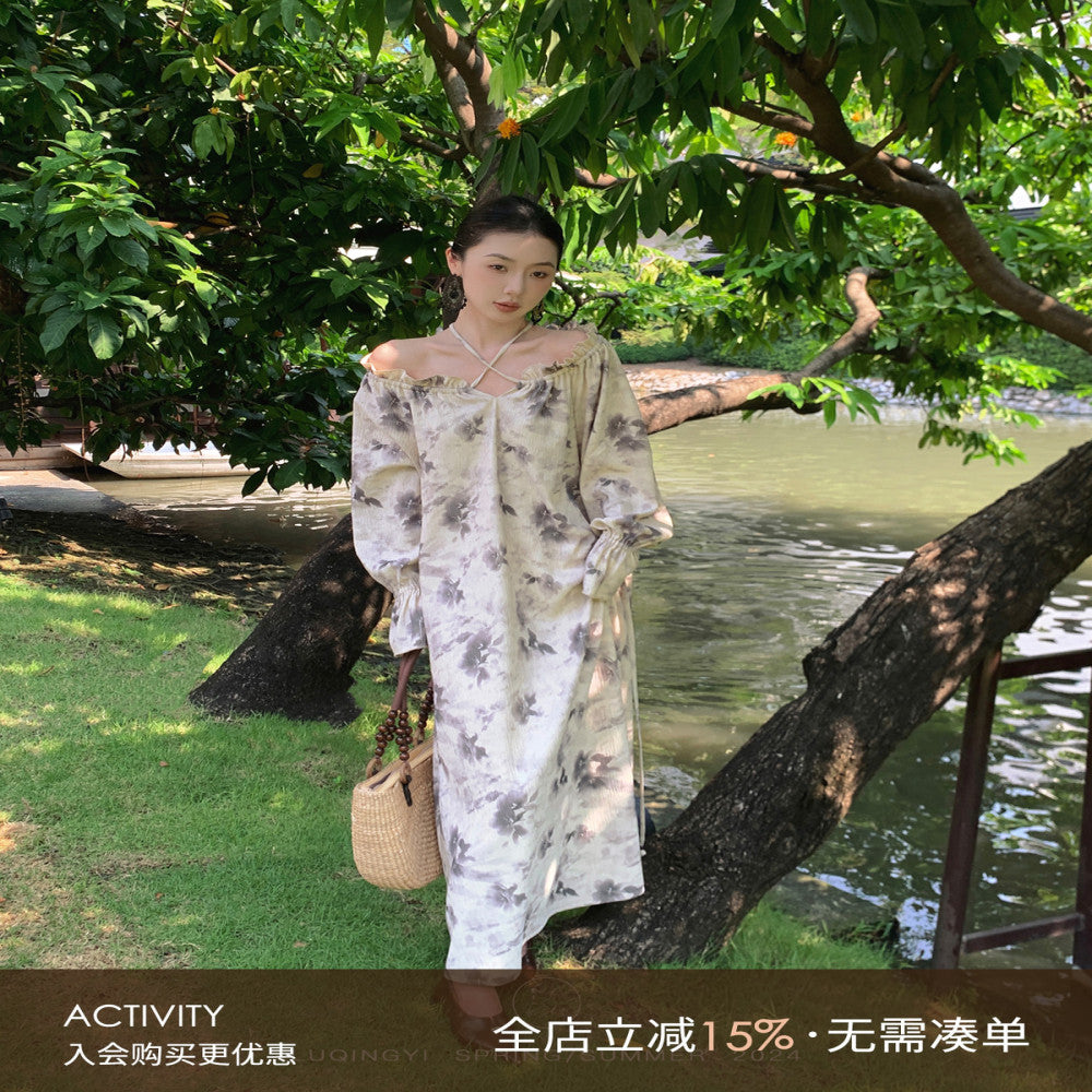 Luqingyi Original Spring Water Tea French Dress Women s Summer Ruffle Round Neck Ink Print Long Dress image 0