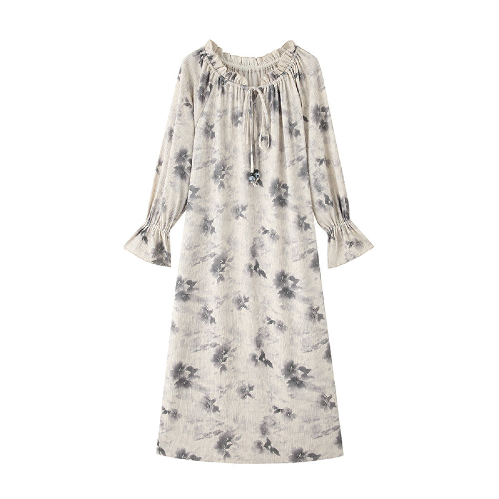 Luqingyi Original Spring Water Tea French Dress Women s Summer Ruffle Round Neck Ink Print Long Dress image 9