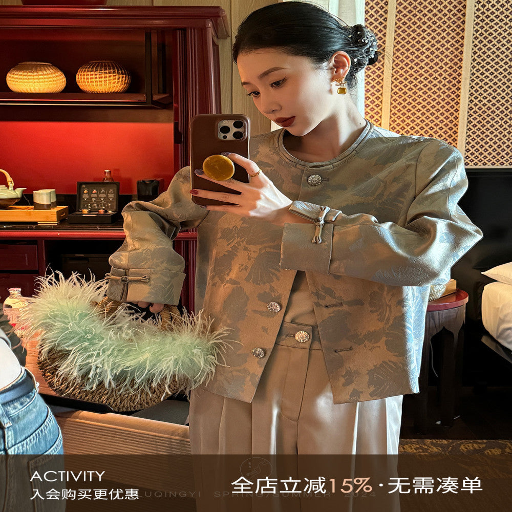 Lu Qingyi Original Fu Lan Gui New Chinese Jacquard Coat for Women Spring and Autumn Casual Wide Leg Pants Chinese Style Set image 0