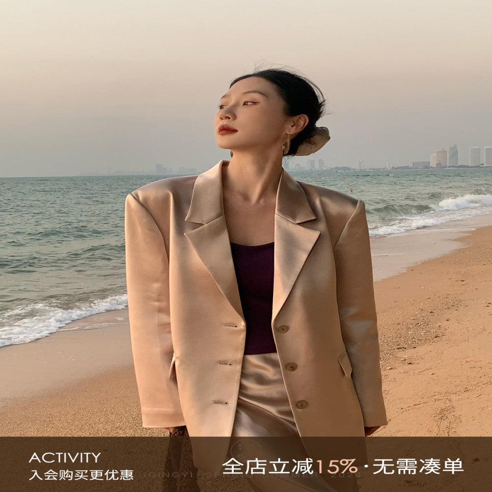 Lu Qingyi Original Qing Weiyang Acetic Acid Suit Coat Women s Spring and Autumn Satin Fish Tail Half Skirt Suit Set image 1
