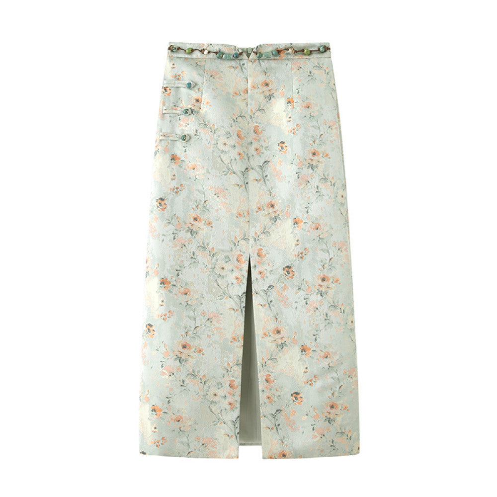Lu Qingyi Original Flower Full Creek New Chinese Jacquard Half length Skirt for Women in Spring and Autumn Handmade Beaded Split Straight Tube Skirt image 8
