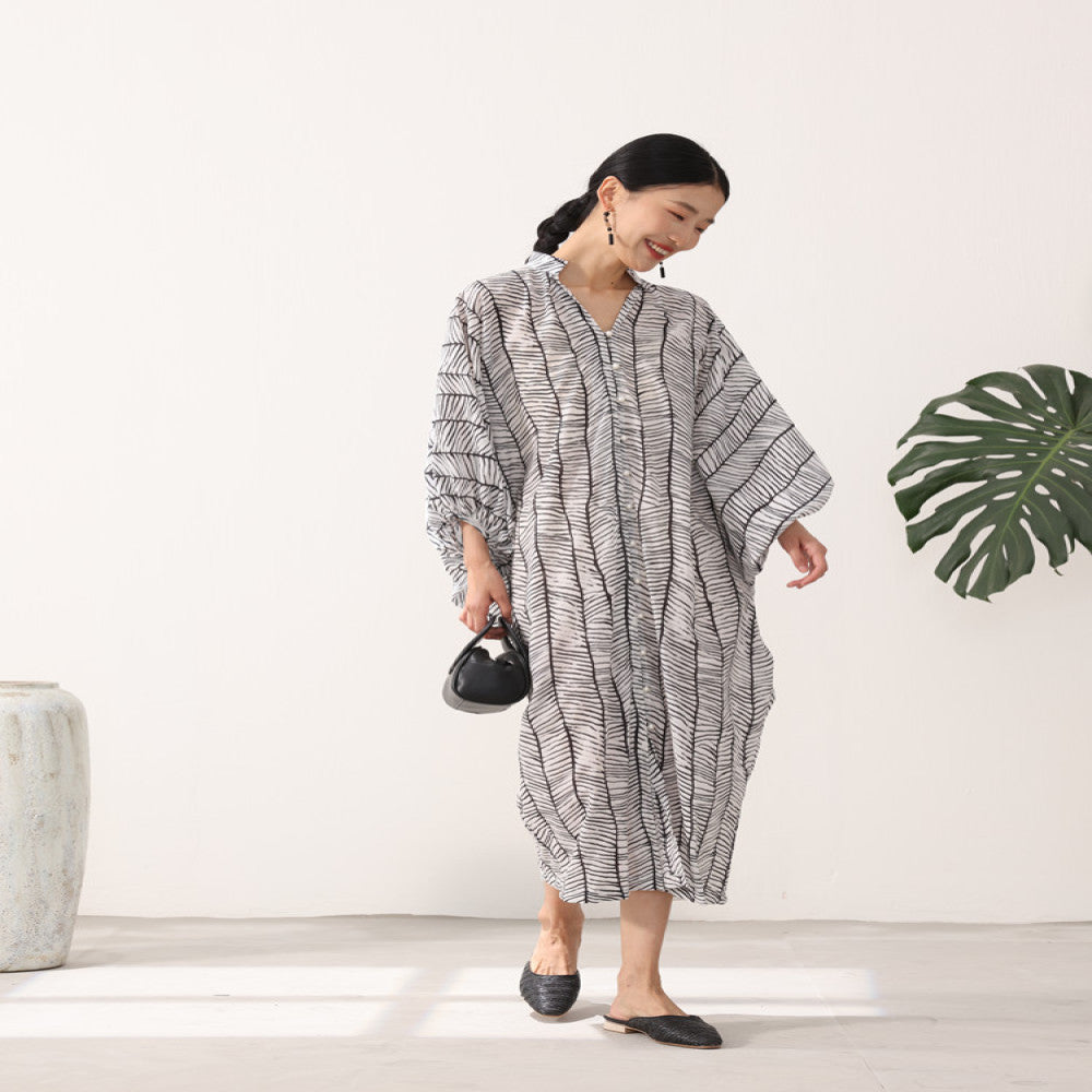 TAORAN Improved Young Dress with Multiple Buckles in the Middle Printed Long Dress Artistic Style Loose Robe Zen Style image 7
