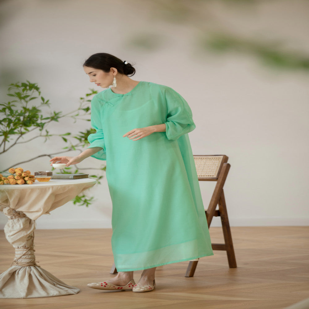 TAORAN New Chinese Women s Dress 2024 Summer Chinese Style Cheongsam Long Dress Improved Edition Retro Zen Tea Dress image 4