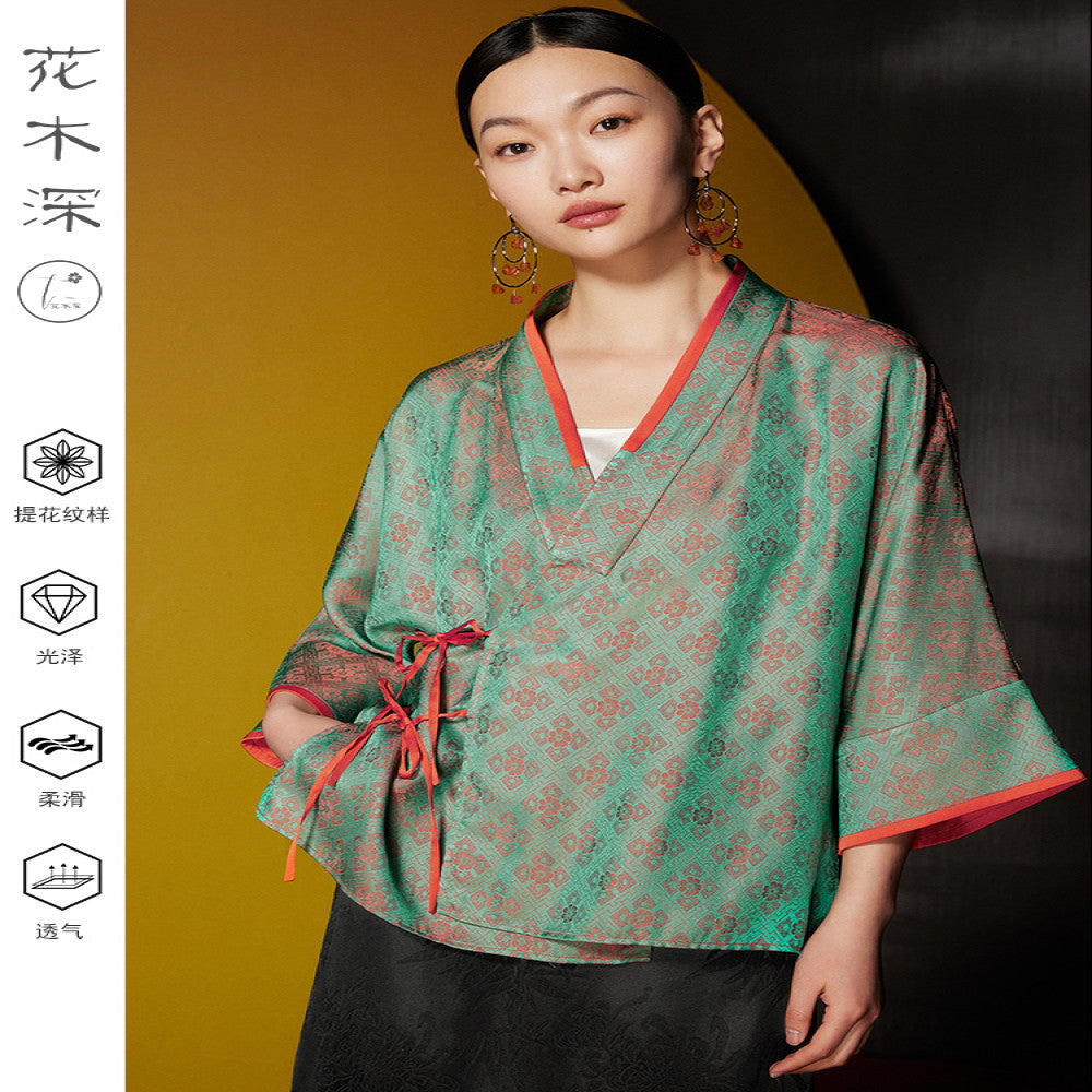 Huamu Shen new Chinese style buttoned jacket new cross collar oblique lapel cardigan improved short jacket national style lace jacquard top image 1
