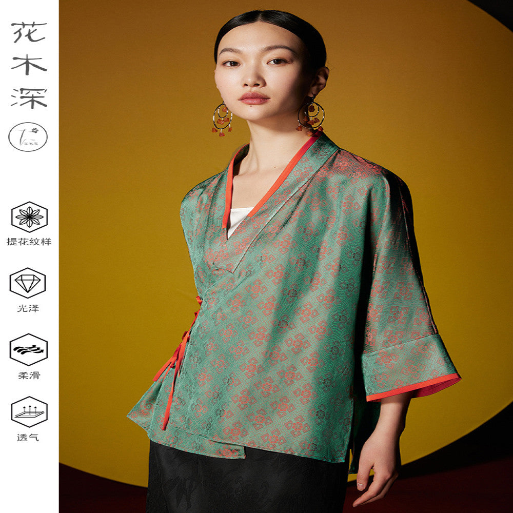 Huamu Shen new Chinese style buttoned jacket new cross collar oblique lapel cardigan improved short jacket national style lace jacquard top image 2