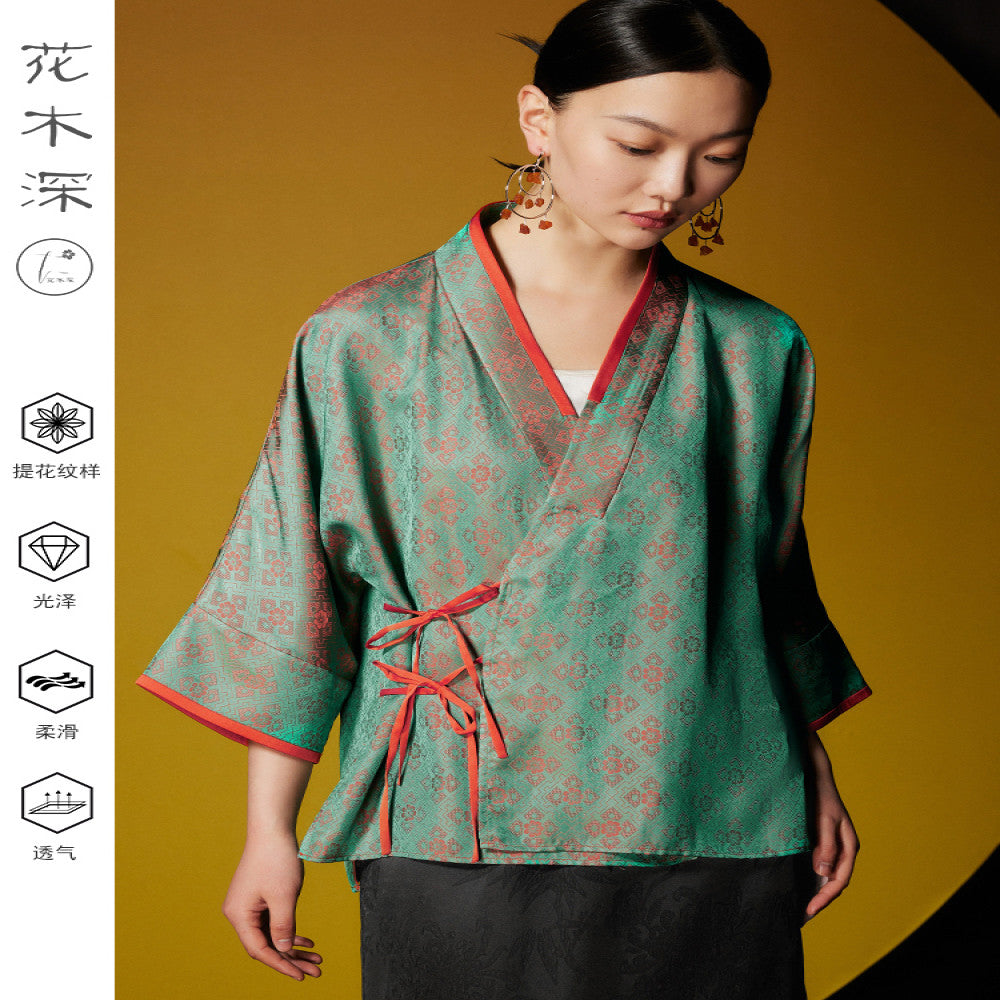 Huamu Shen new Chinese style buttoned jacket new cross collar oblique lapel cardigan improved short jacket national style lace jacquard top image 4