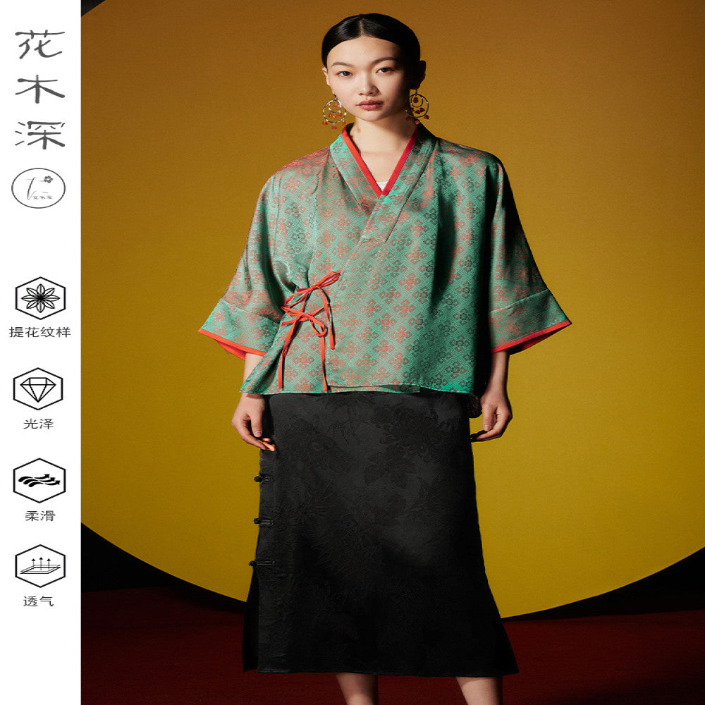 Huamu Shen new Chinese style buttoned jacket new cross collar oblique lapel cardigan improved short jacket national style lace jacquard top image 5