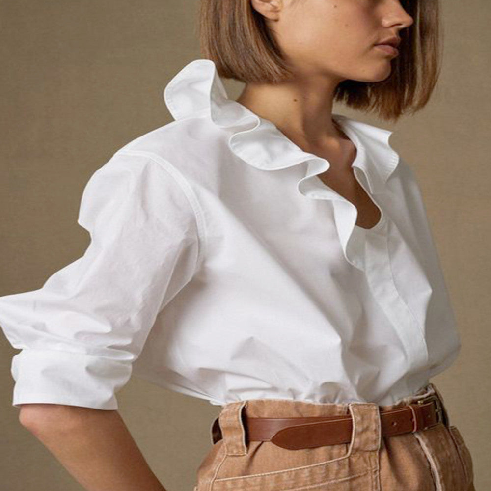 JILLA2024 Spring Summer New Versatile Style Asymmetric ruffle collar shirt Loose and simple pullover top image 0