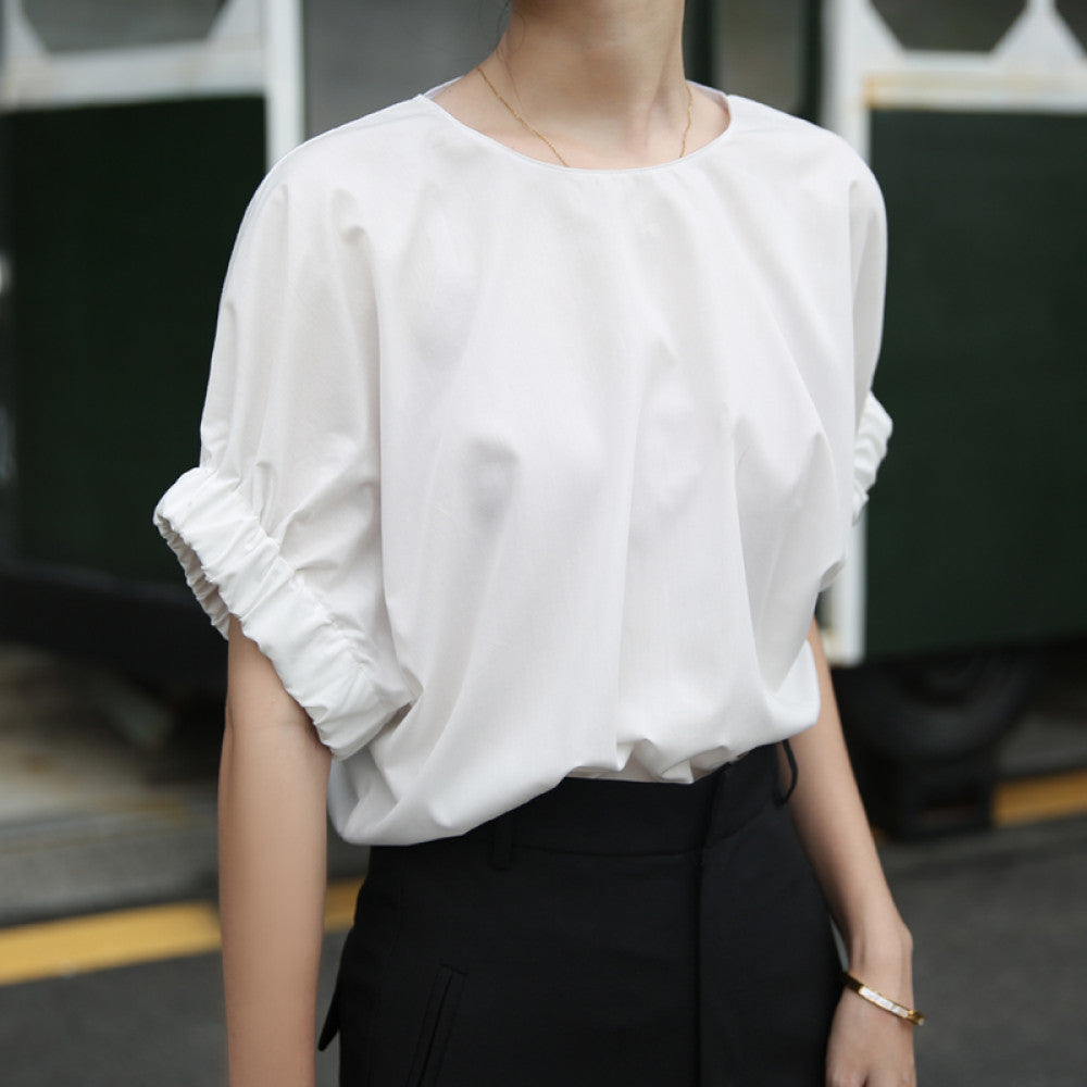 JILLA pullover with unique sleeves cotton shirt short sleeved top white wrinkle resistant shirt ins minimalist design women s hooded shirt image 9