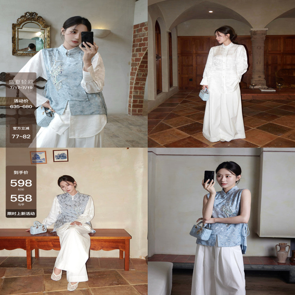 Camelux silk linen summer Chinese style linen hand embroidered beaded vest silk jacquard shirt image 1