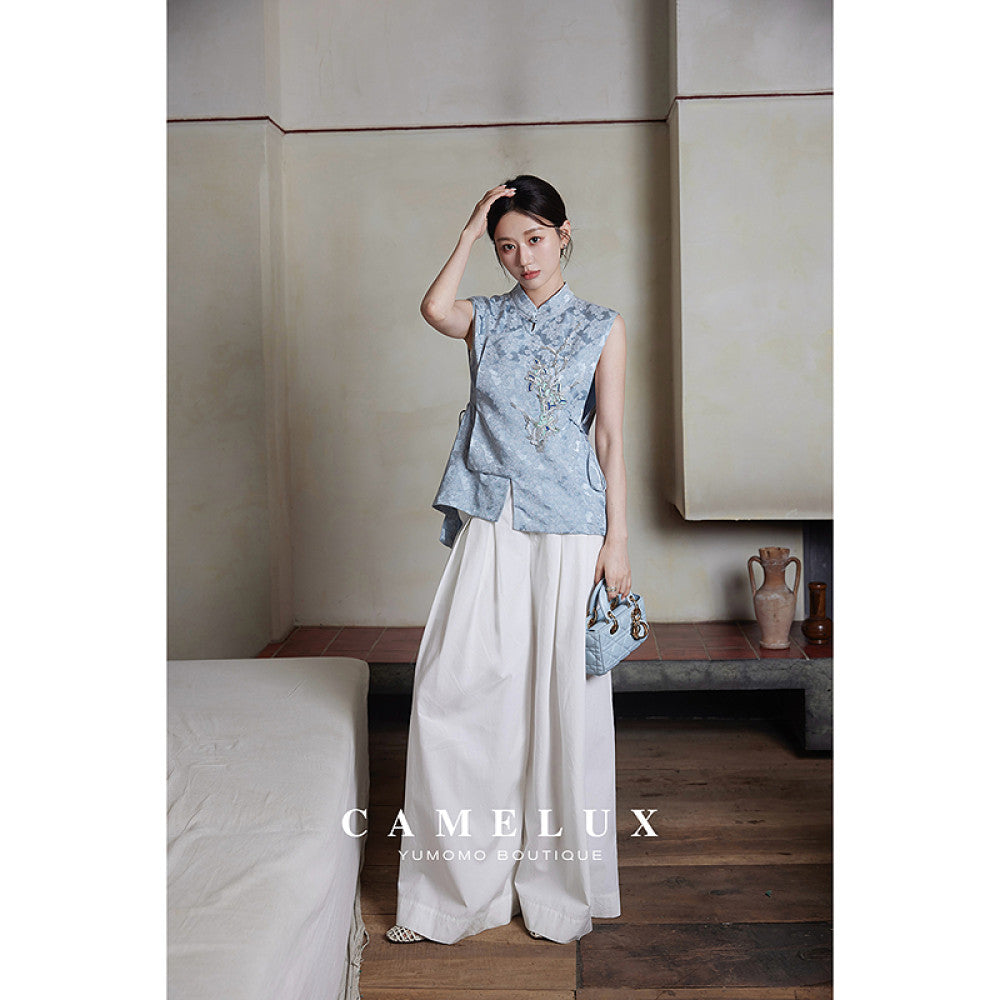 Camelux silk linen summer Chinese style linen hand embroidered beaded vest silk jacquard shirt image 16
