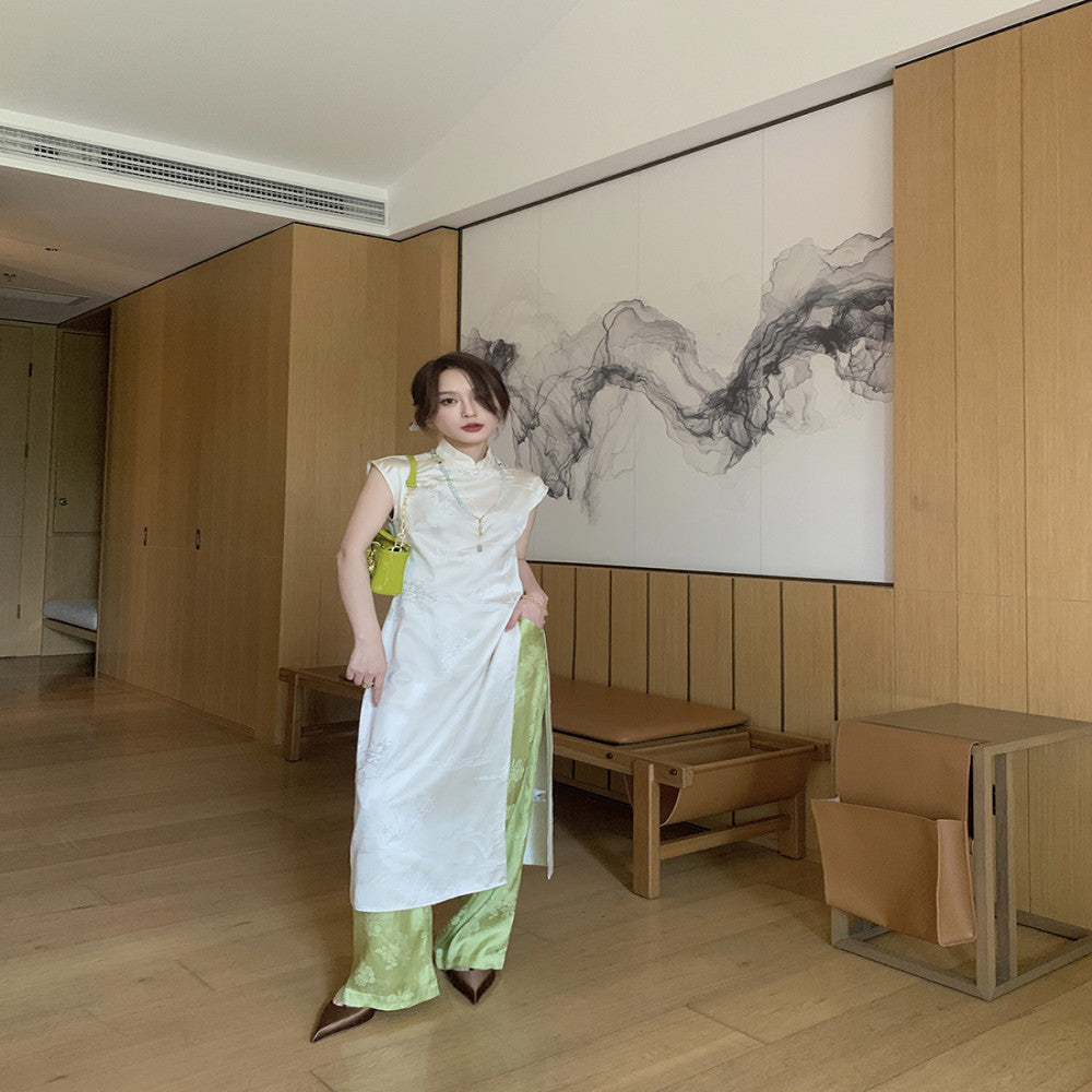 Beautiful woman with a cool and aloof temperament sister s Chinese style dressing set cheongsam dress Chinese style jacquard straight leg pants image 1