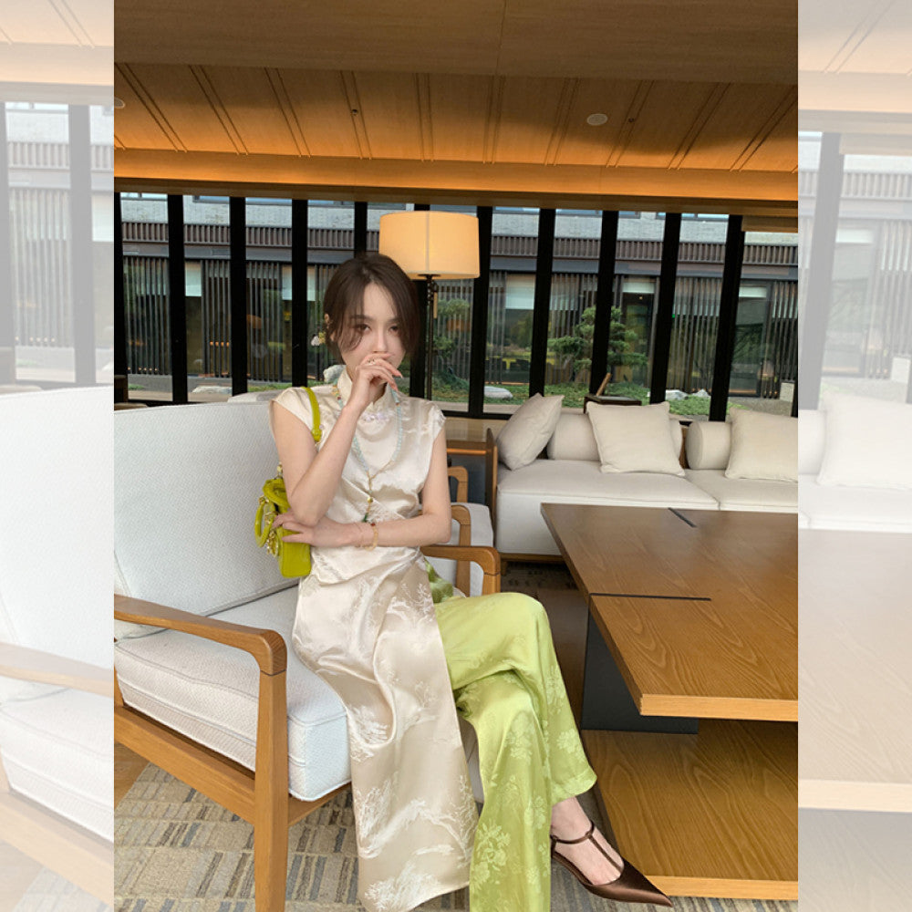 Beautiful woman with a cool and aloof temperament sister s Chinese style dressing set cheongsam dress Chinese style jacquard straight leg pants image 9