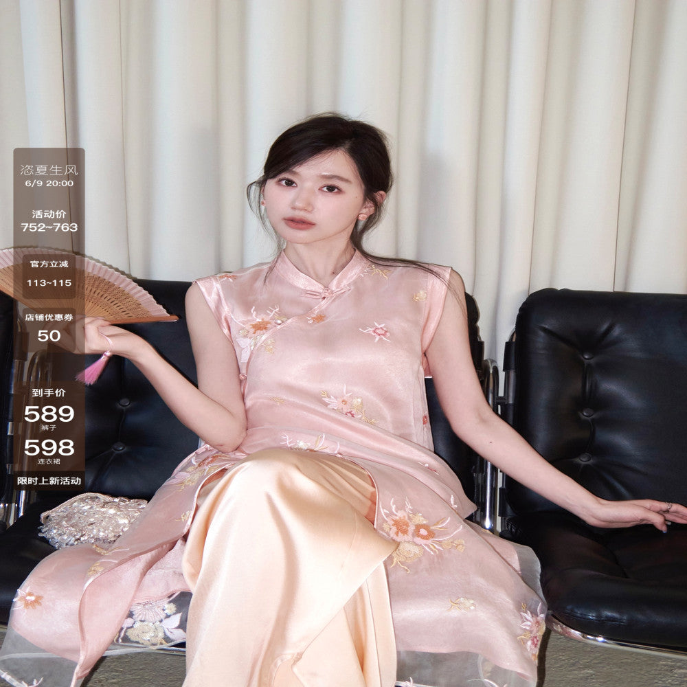 Camelux silk shadow fragrant embroidery silk acetate cheongsam 6A19MM mulberry silk wide leg pants image 1