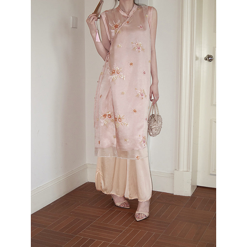 Camelux silk shadow fragrant embroidery silk acetate cheongsam 6A19MM mulberry silk wide leg pants image 10