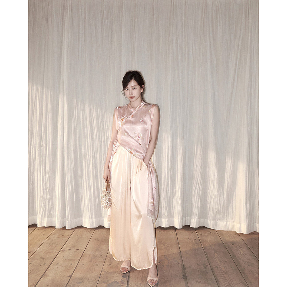 Camelux silk shadow fragrant embroidery silk acetate cheongsam 6A19MM mulberry silk wide leg pants image 17