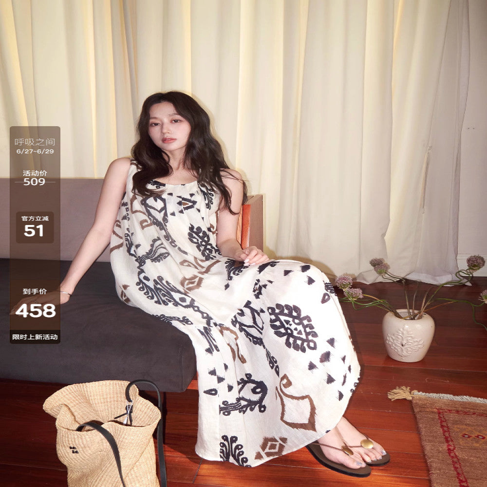 Camelux Line Boho Bohemian Cotton 100 Natural Ramie Bohemian Printed Sleeveless Dress image 1