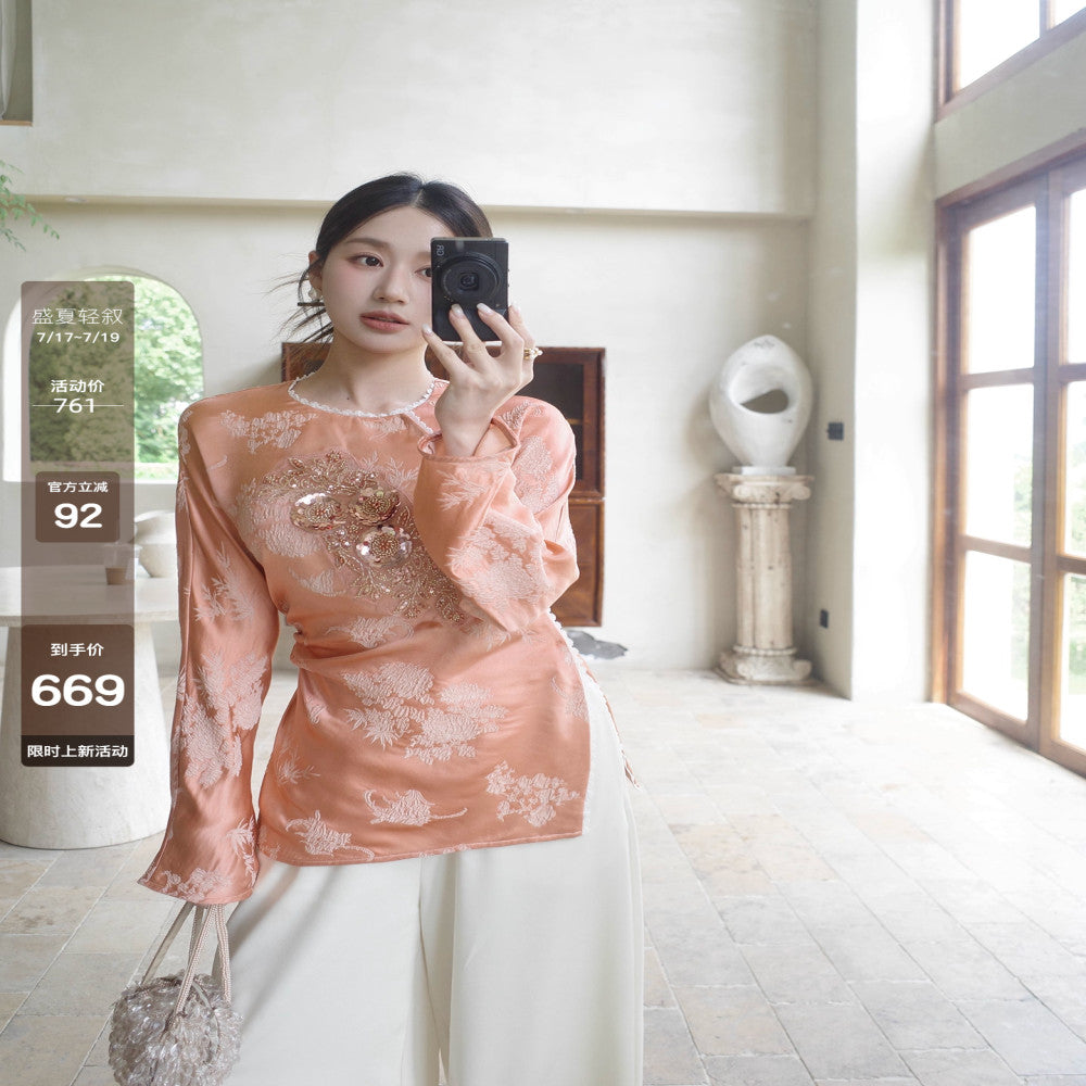 Camelux silk new Chinese style top with heavy embroidery beaded silk small silk shirt women s Chinese style shirt image 13