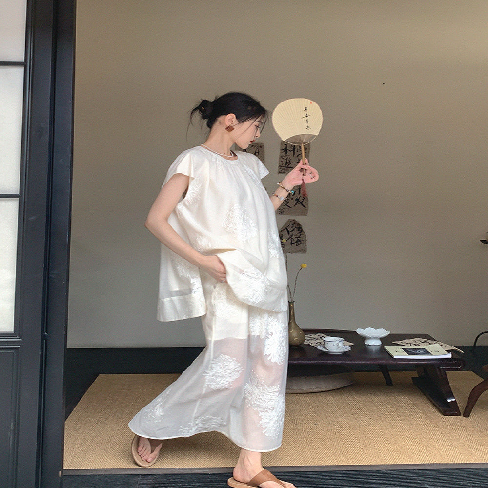 Customized rice white Chinese style two piece set for dimples women s 2025 summer gentle style loose top split skirt image 0