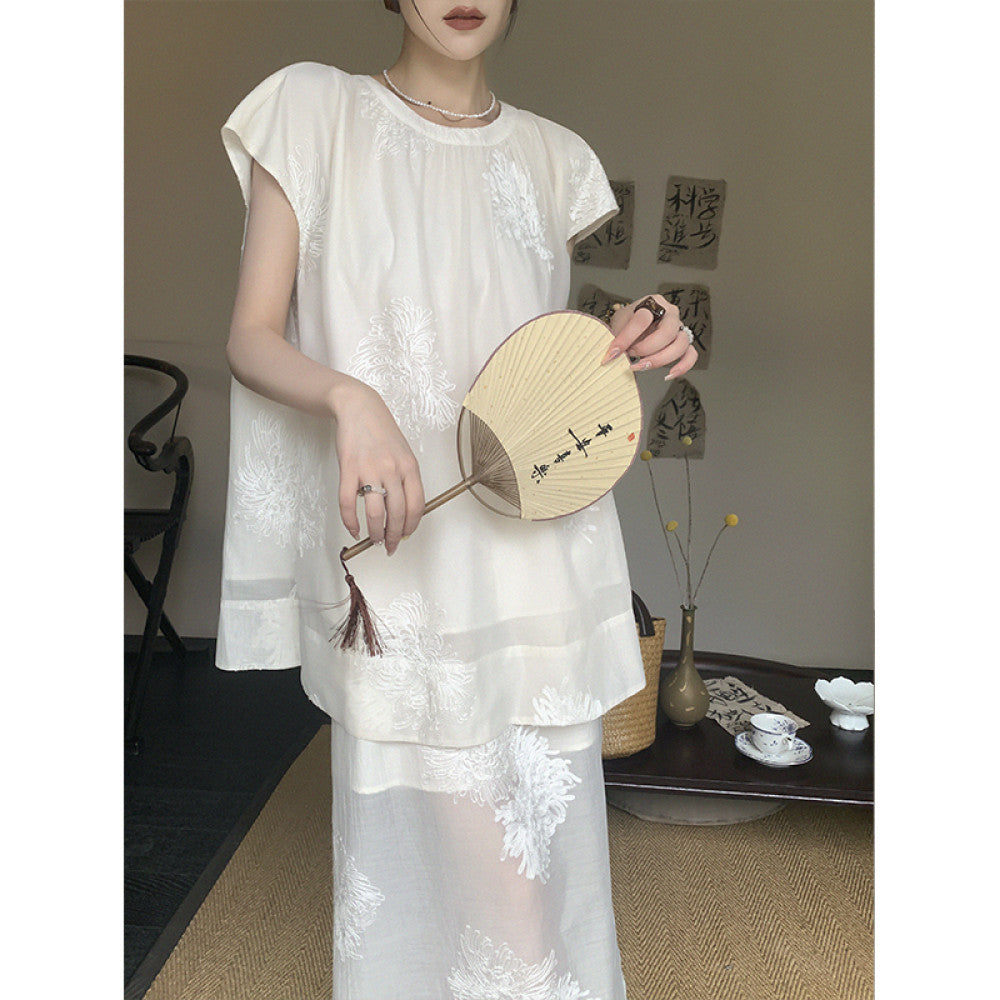 Customized rice white Chinese style two piece set for dimples women s 2025 summer gentle style loose top split skirt image 12