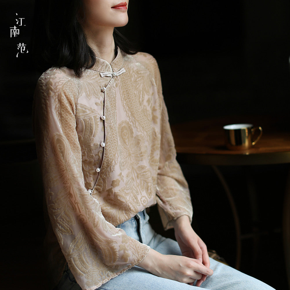 Jiangnan style retro Chinese style women s clothing improved cheongsam style top buttoned velvet Tang style women s Hanfu short tea suit image 15