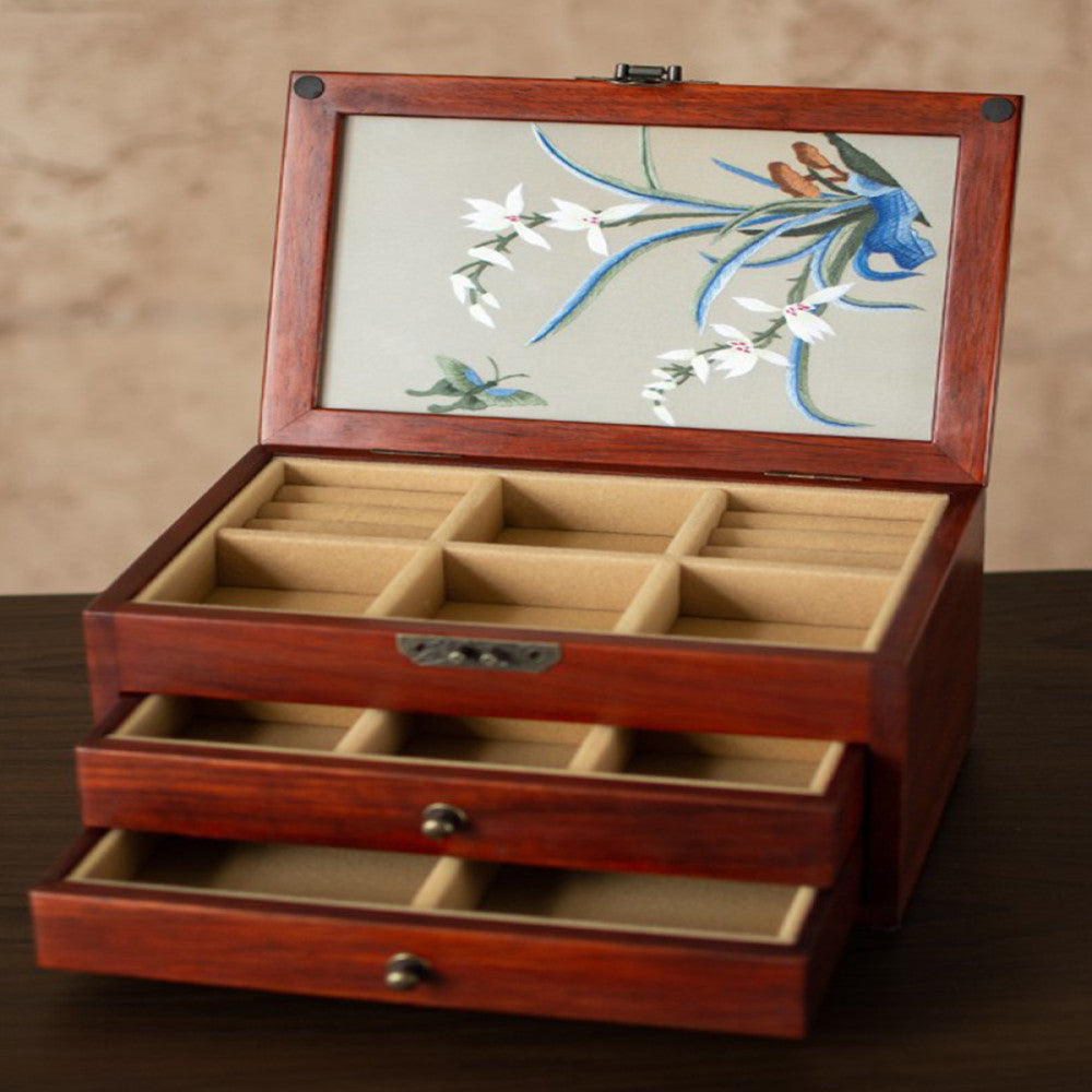 Embroidery jewelry box Chinese classical Suzhou embroidery solid wood storage box accessory three layer storage Suzhou embroidery beauty specialty gift image 2