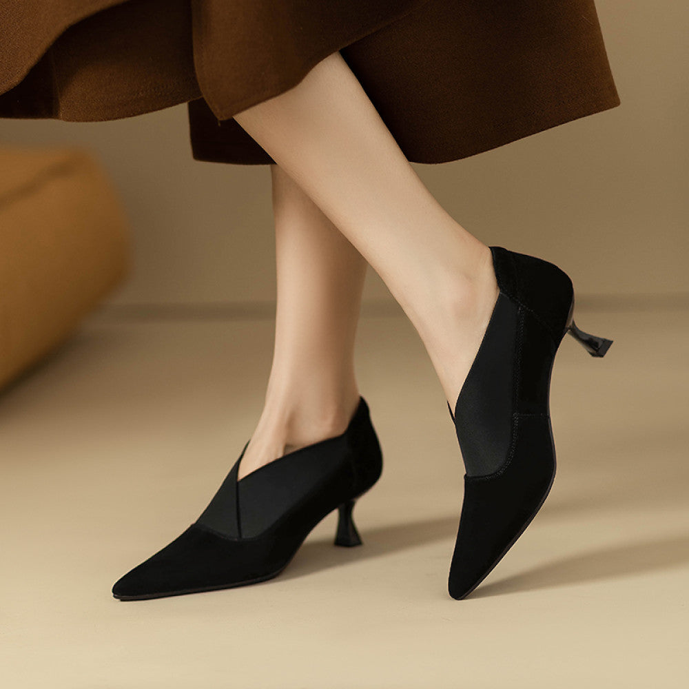 2025 French pointed versatile single shoes for women s spring and autumn new style commuting bare boots V neck slim heel leather high heels image 41