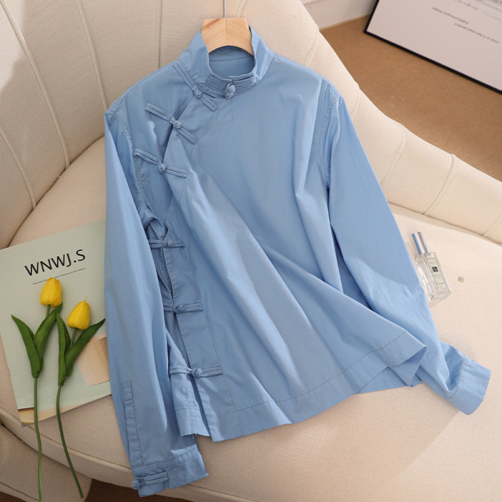High necked long sleeved shirt with a female design sense new Chinese style and improved cheongsam with buckle blue top and diagonal collar as the base layer image 12