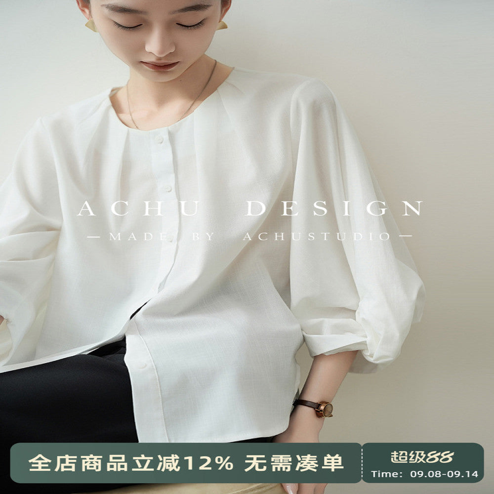 ACHU lightweight breathable round neck seven quarter sleeve white shirt for women s spring lantern sleeve design commuter top image 0