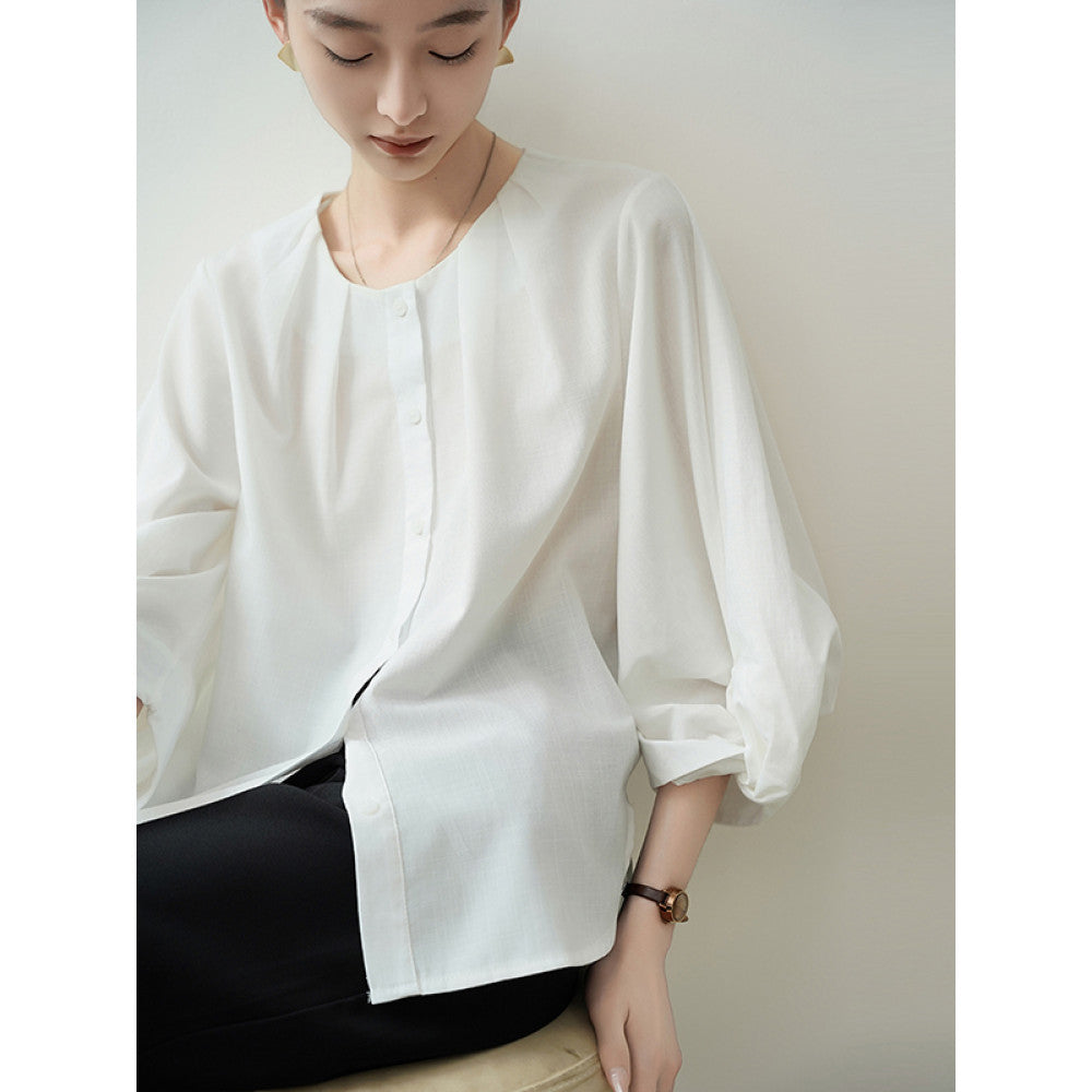 ACHU lightweight breathable round neck seven quarter sleeve white shirt for women s spring lantern sleeve design commuter top image 9