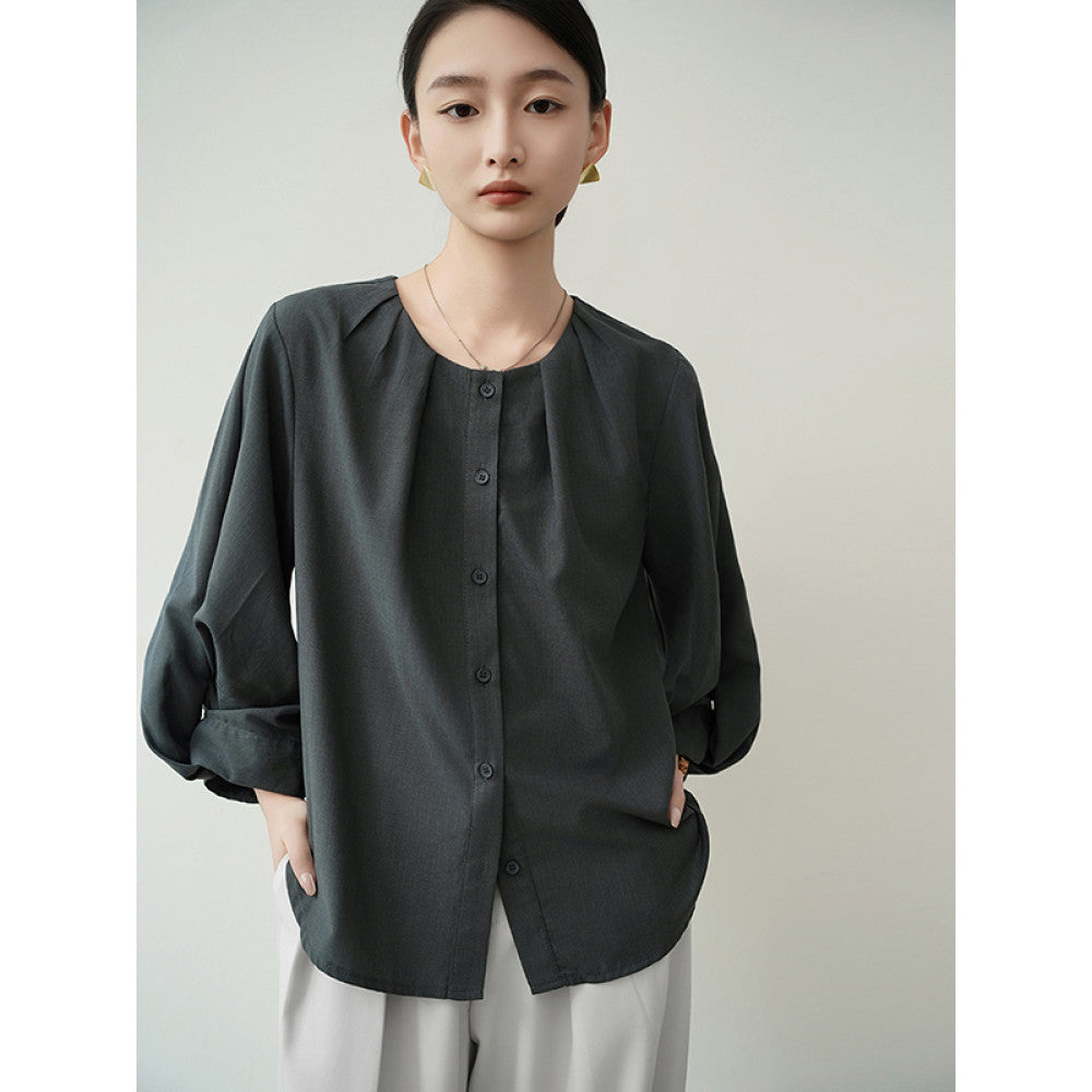 ACHU lightweight breathable round neck seven quarter sleeve white shirt for women s spring lantern sleeve design commuter top image 12