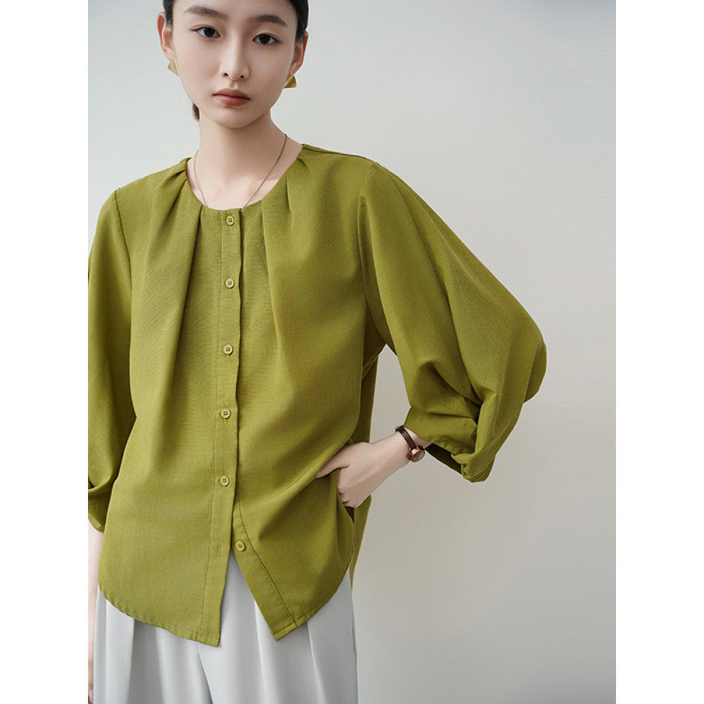 ACHU lightweight breathable round neck seven quarter sleeve white shirt for women s spring lantern sleeve design commuter top image 17